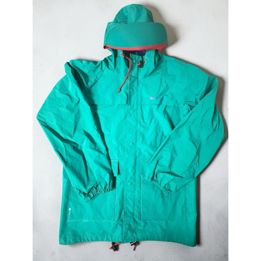 Vintage Columbia Coat Mens Small Teal PVC Hooded Rain Coat Outdoor 90s